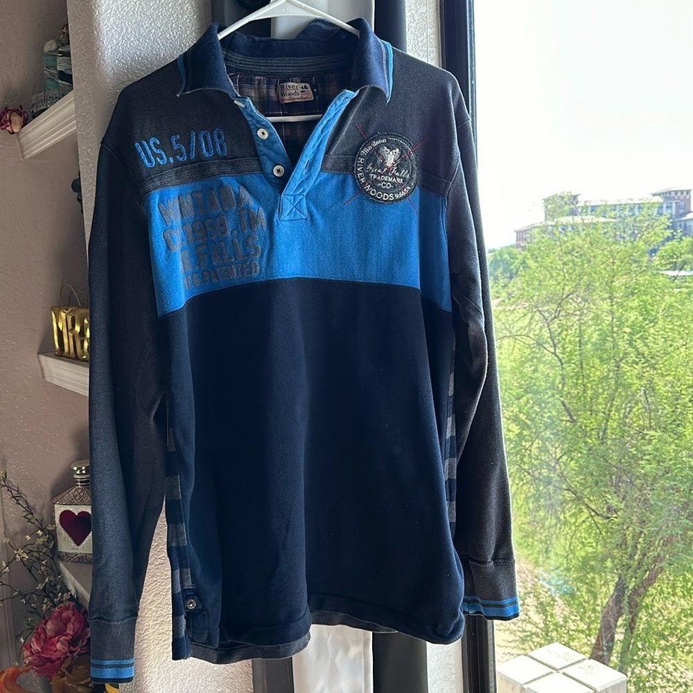 Vintage River Woods Fancy Fun rugby Polo sweater navy MT size M
